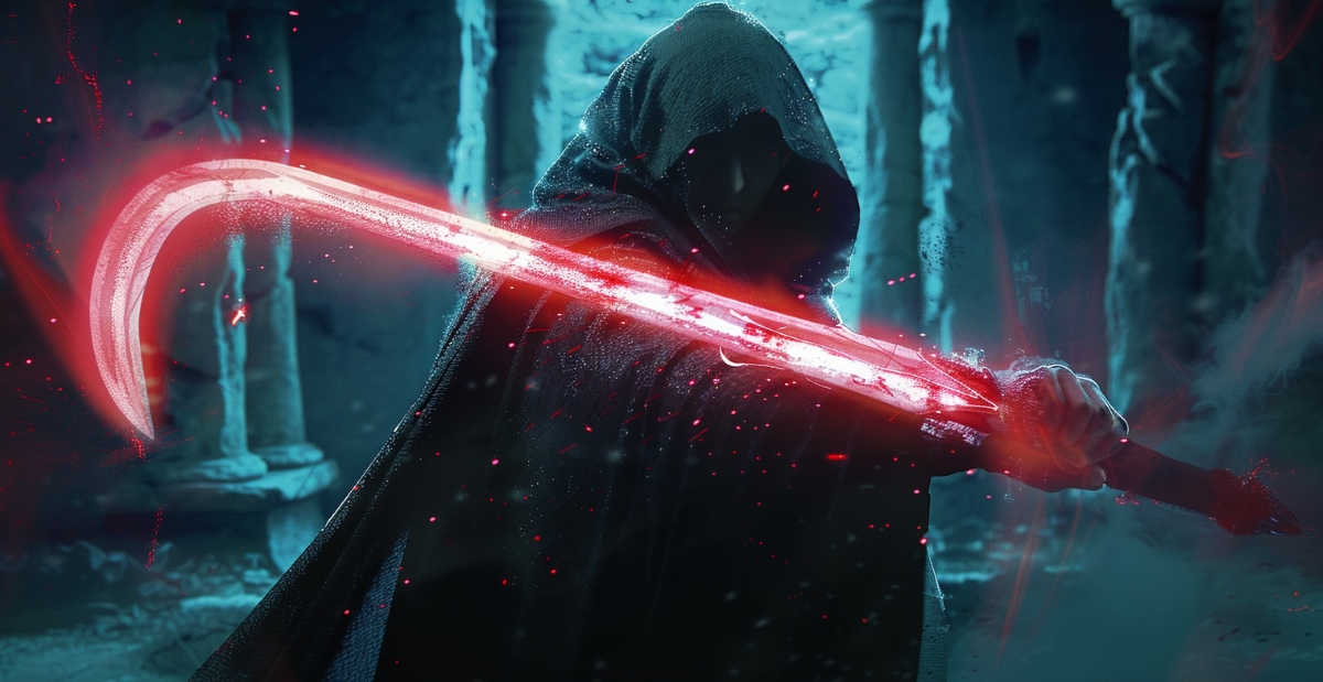 a mysterious Sith Lord is holding a sickle-shaped lightsaber