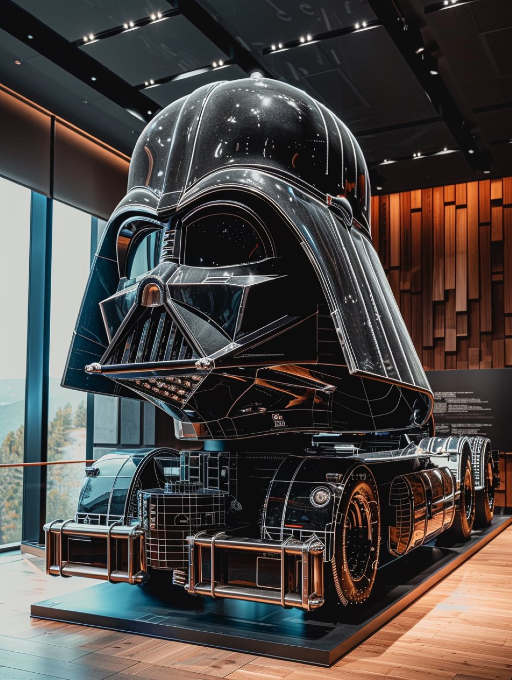 the goods carrier truck with a cabin in shape of the Darth Vader helmet