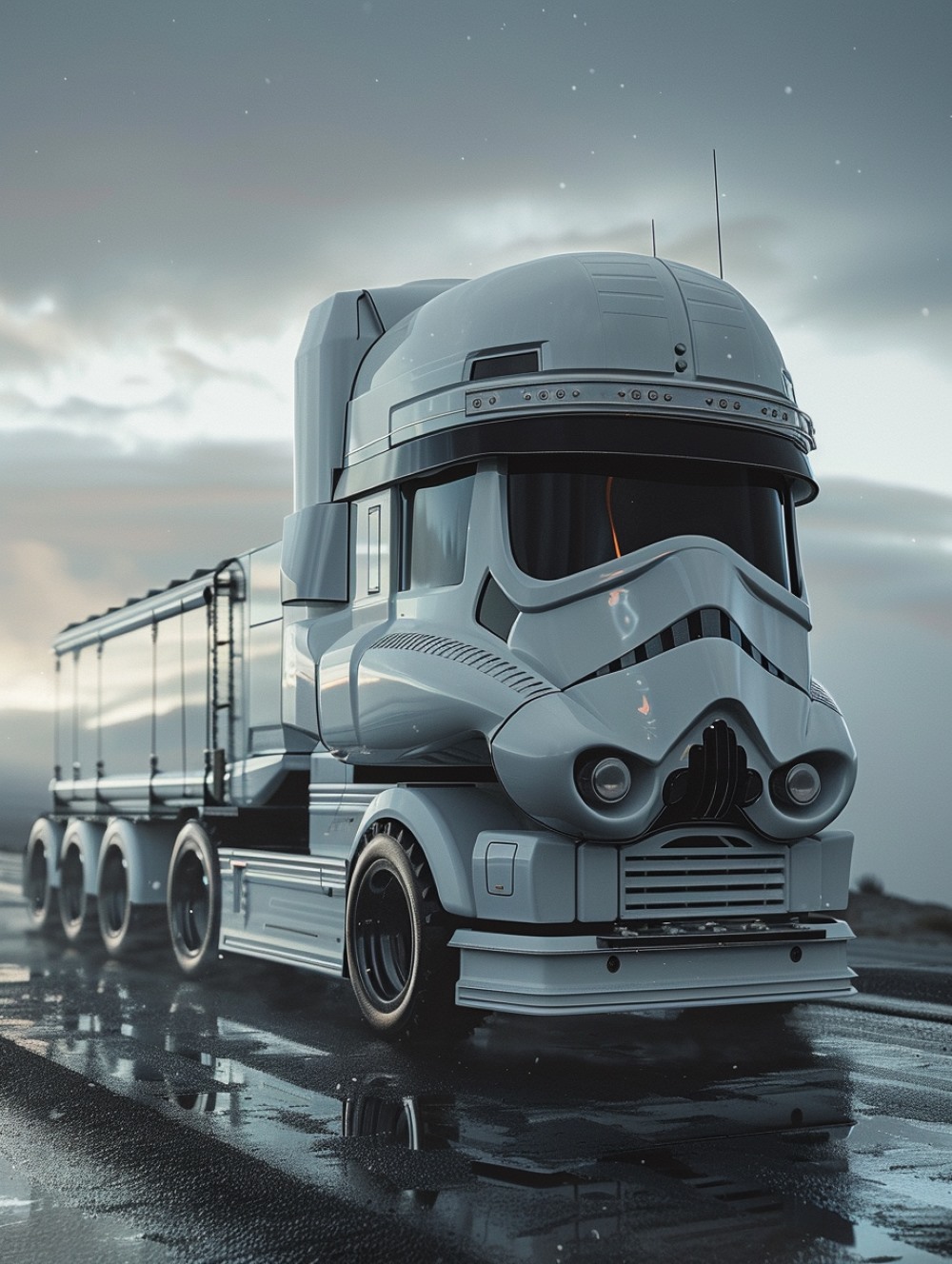 the heavy goods carrier truck with a cabin shaped like a Stormtrooper helmet