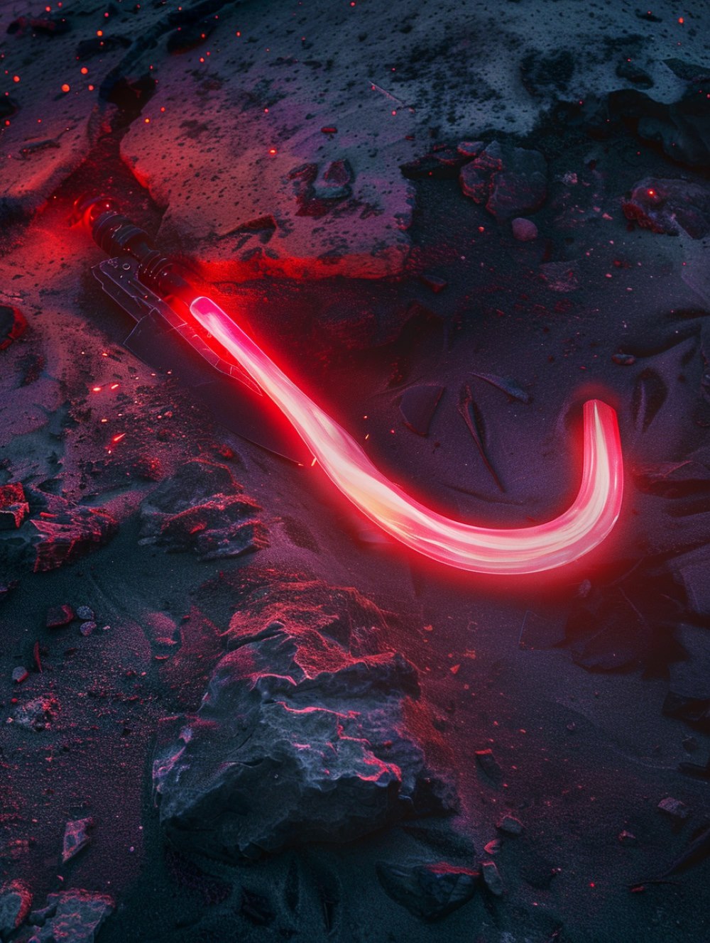 the sickle-shaped lightsaber is lying on the ground