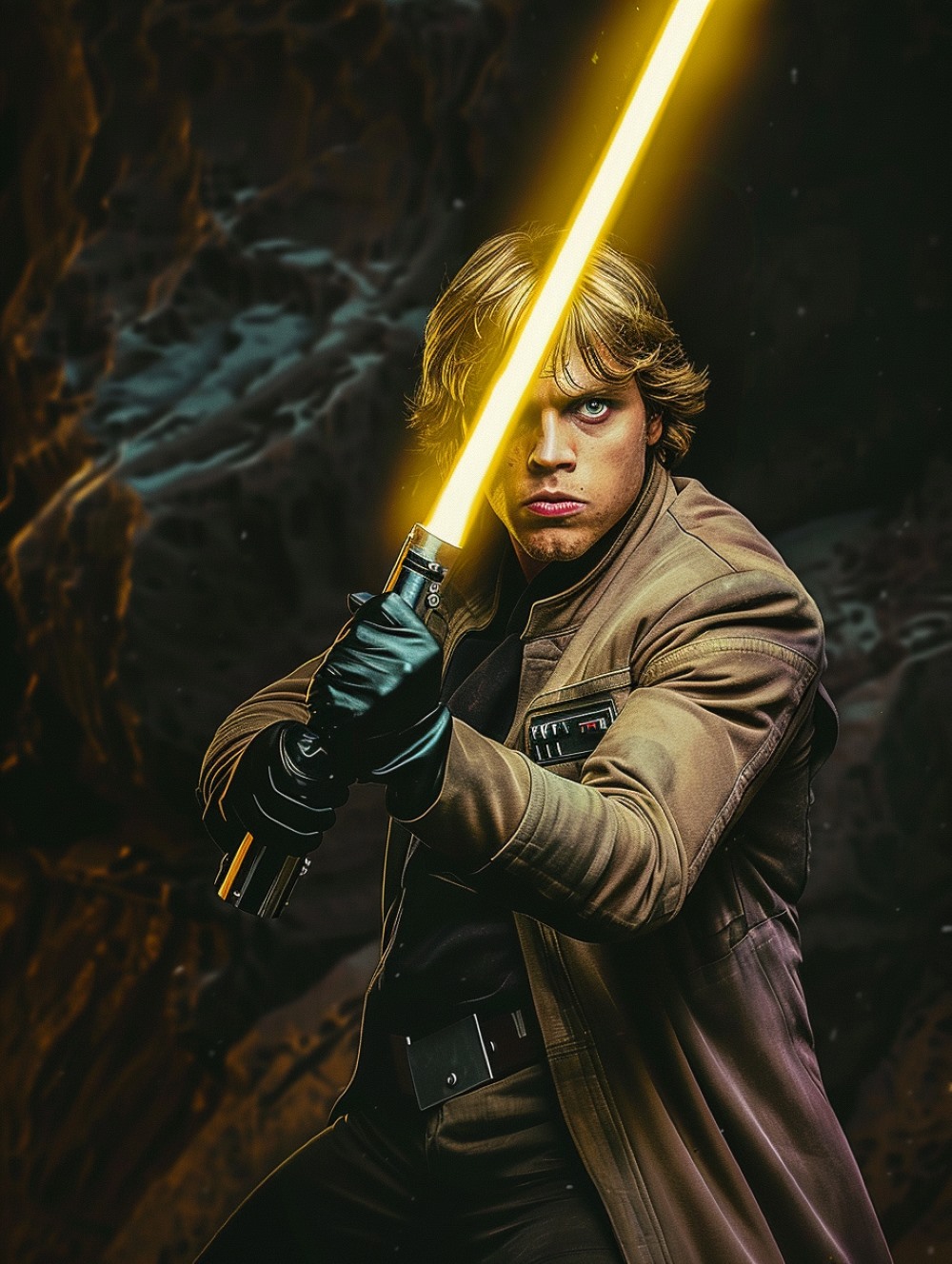 Luke Skywalker is holding a yellow lightsaber