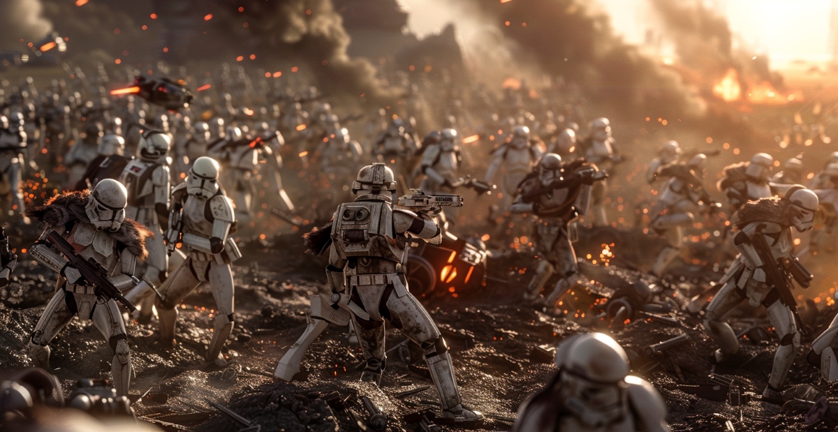 Star Wars epic battle scene with several clone troopers on the ground