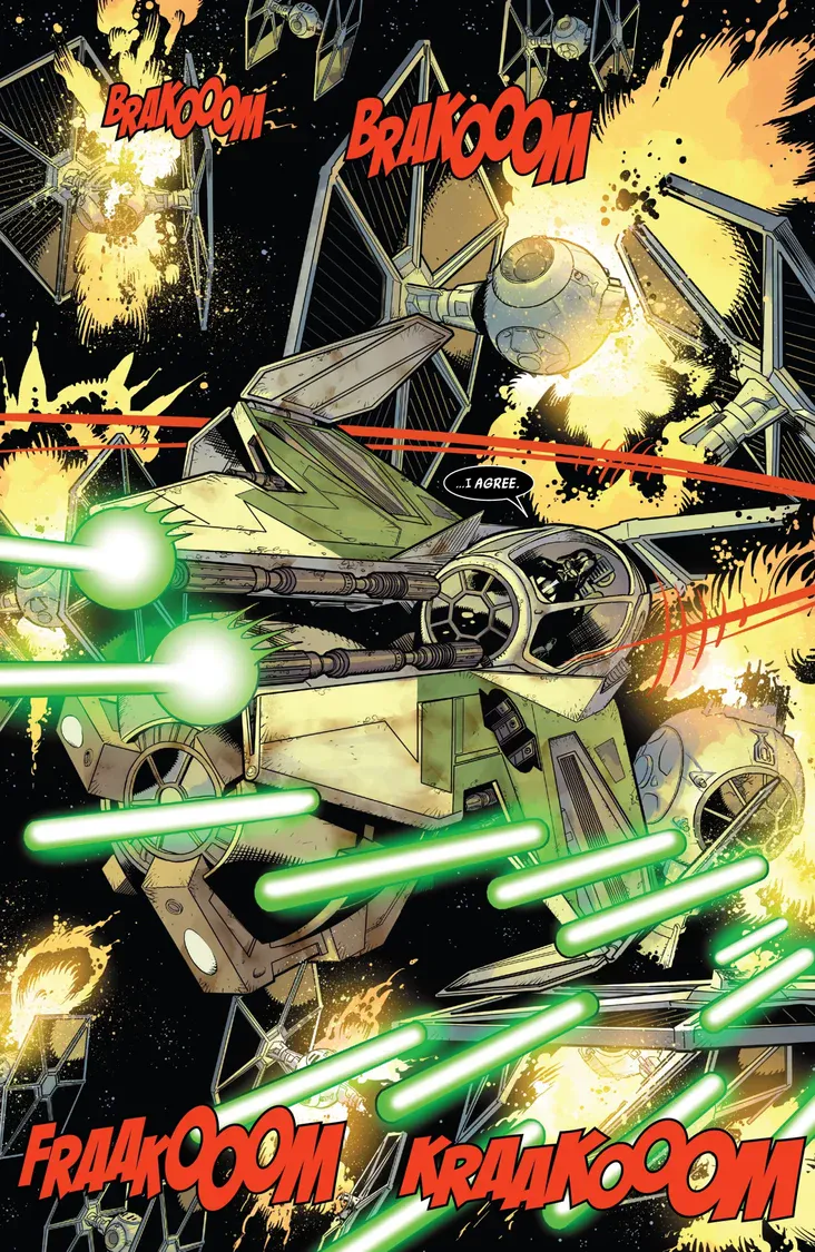 Darth Vader pilots his green Eta-2 through attacking Imperial TIE fighters amid laser fire and explosions.