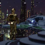 C-3PO watches Anakin's gray and green Eta-2 interceptor on a Coruscant landing platform, with R2-D2 aboard.