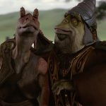 Boss Nass standing with Jar Jar Binks on Naboo, showing the difference between Ankura and Otolla Gungans