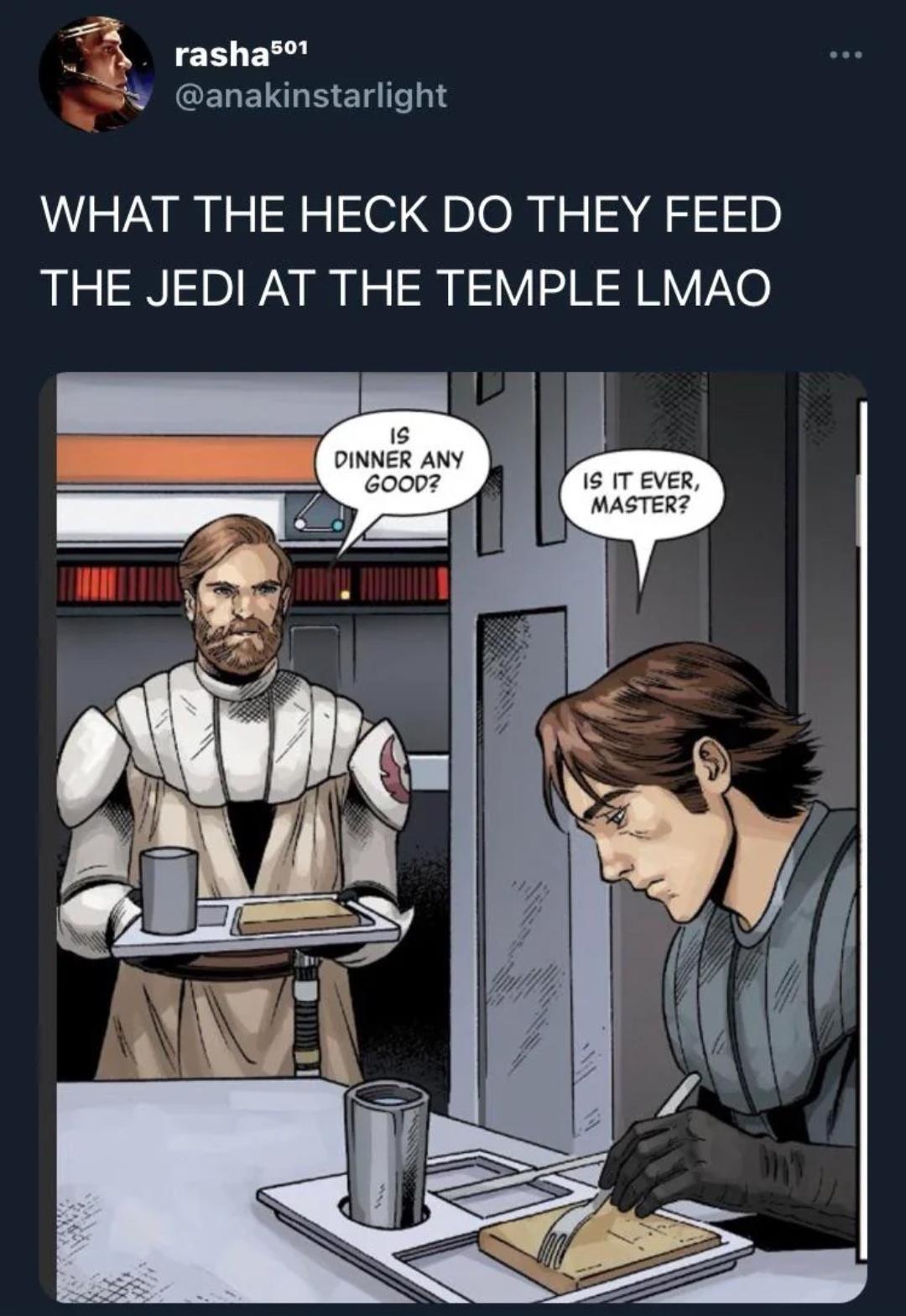 Social post showing Anakin Skywalker and Obi-Wan Kenobi reacting to a beige meal in the Resolute mess hall