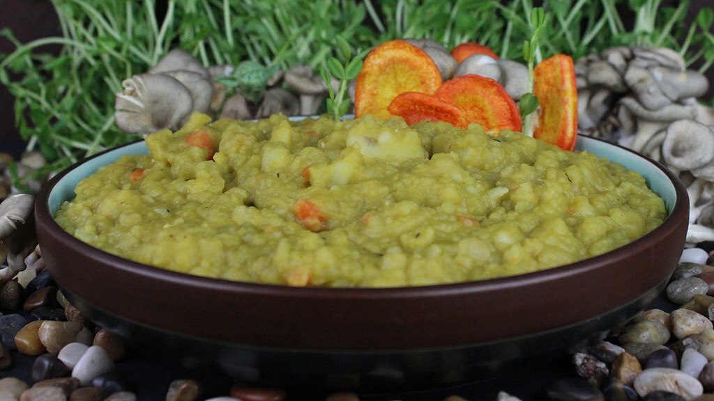 Official StarWars.com recipe recreation of Yoda rootleaf stew in a brown bowl
