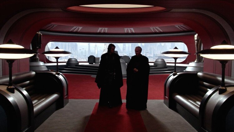Emperor Palpatine and Darth Vader standing together after the fall of the Jedi