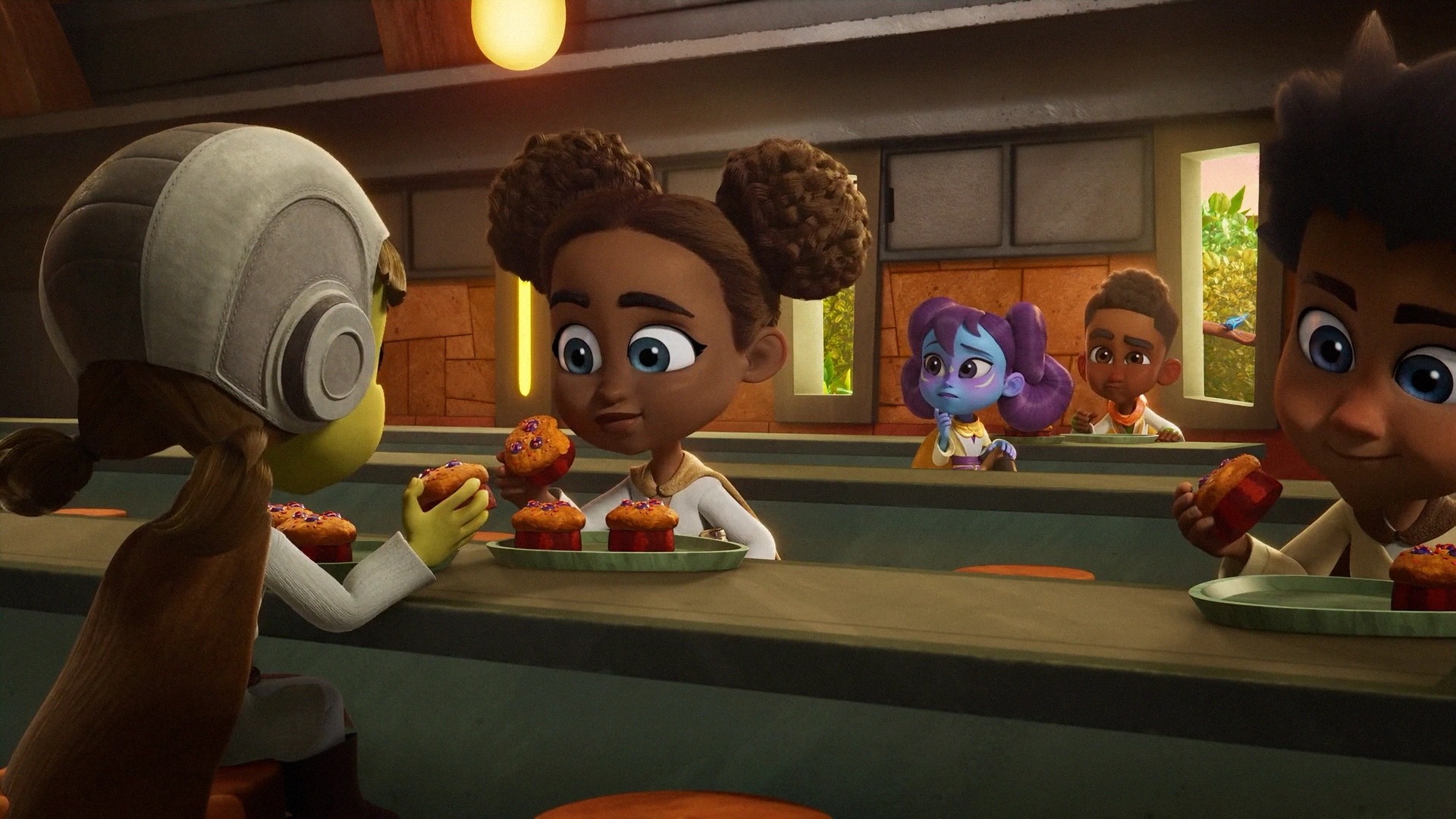 Jedi Initiates eating together in the cafeteria at the Tenoo Jedi Temple