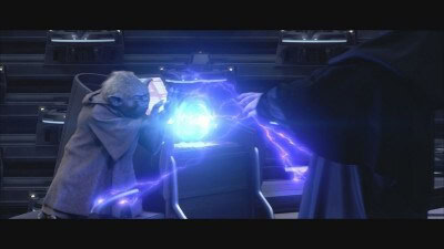 Yoda confronting Darth Sidious and his Force lightning in the Galactic Senate chamber