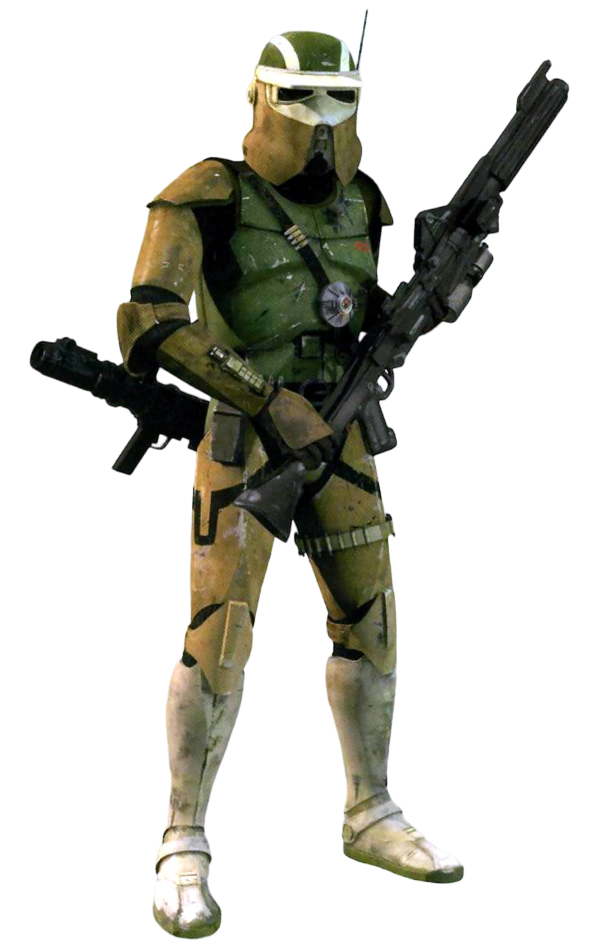 An Advanced Recon Force trooper in green and tan scout armor carrying a blaster rifle