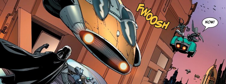 Iskat Akaris and Tualon Yaluna fleeing Darth Vader through Coruscant