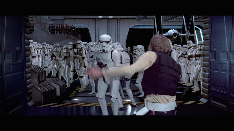 Han Solo confronting a group of stormtroopers inside the Death Star