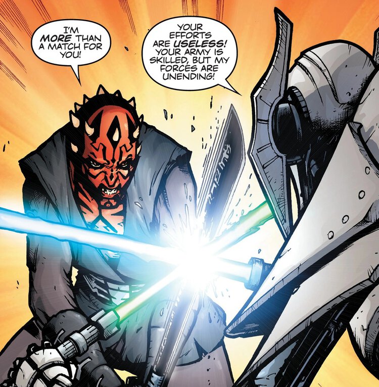 Maul clashes blades with General Grievous during the battle on Zanbar