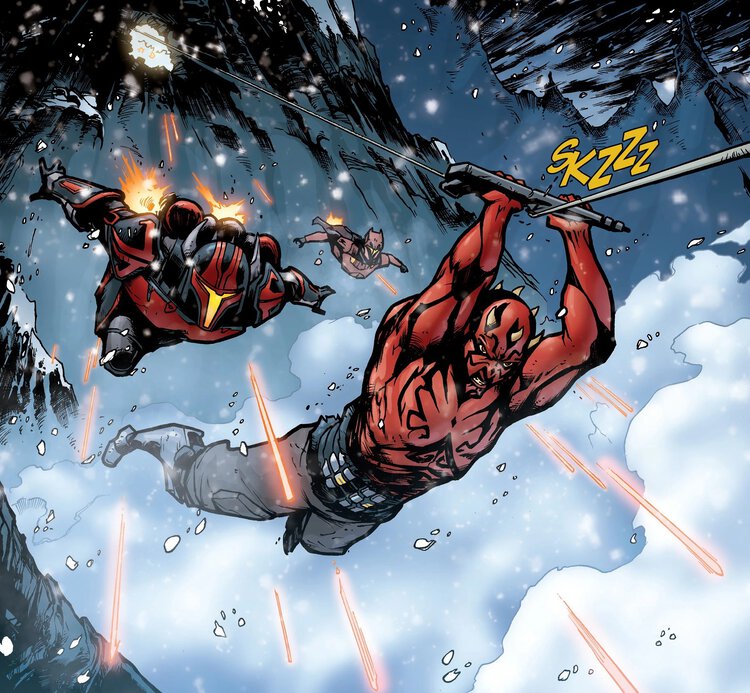 Maul and two Mandalorian super commandos cross a snowy gap by zipline while blaster fire follows them