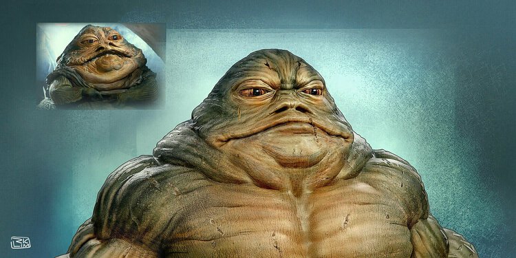 Concept art comparing adult Rotta the Hutt with Jabba the Hutt