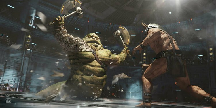 Concept art of Rotta the Hutt fighting in the Pits