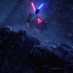 Kylo Ren and Rey duel in the snowy forest on Starkiller Base