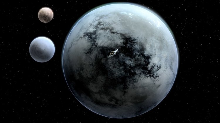 The frozen planet Stygeon Prime seen from space with two moons and a small ship