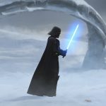 Darth Vader holds Ahsoka Tano's blue lightsaber in the snowy epilogue of The Clone Wars finale