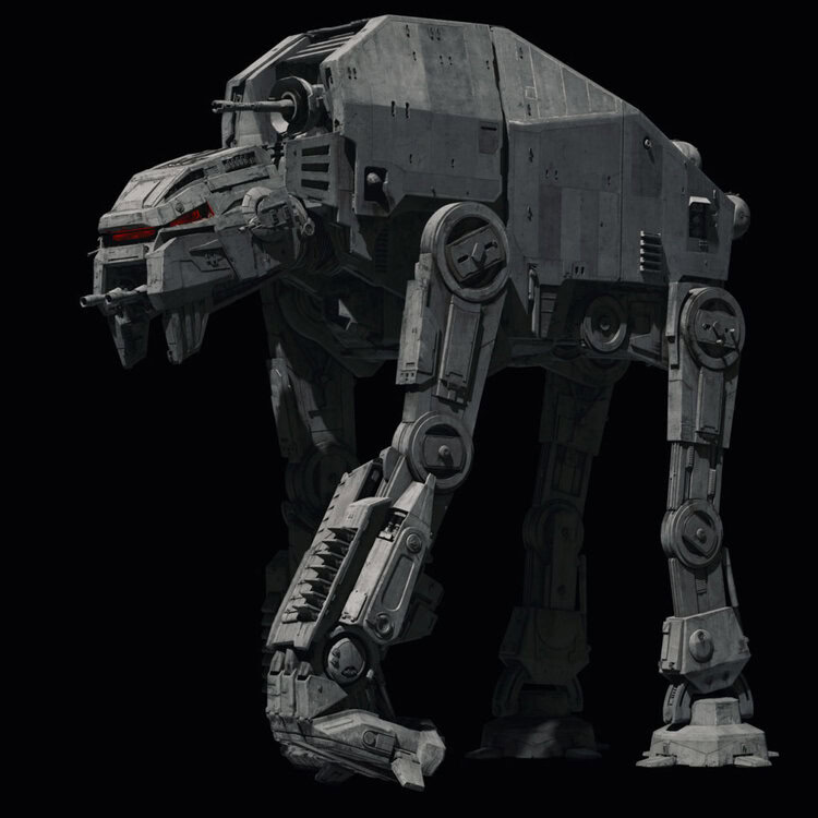 Side profile of a First Order AT-M6 showing its high shoulders and gorilla-like stance
