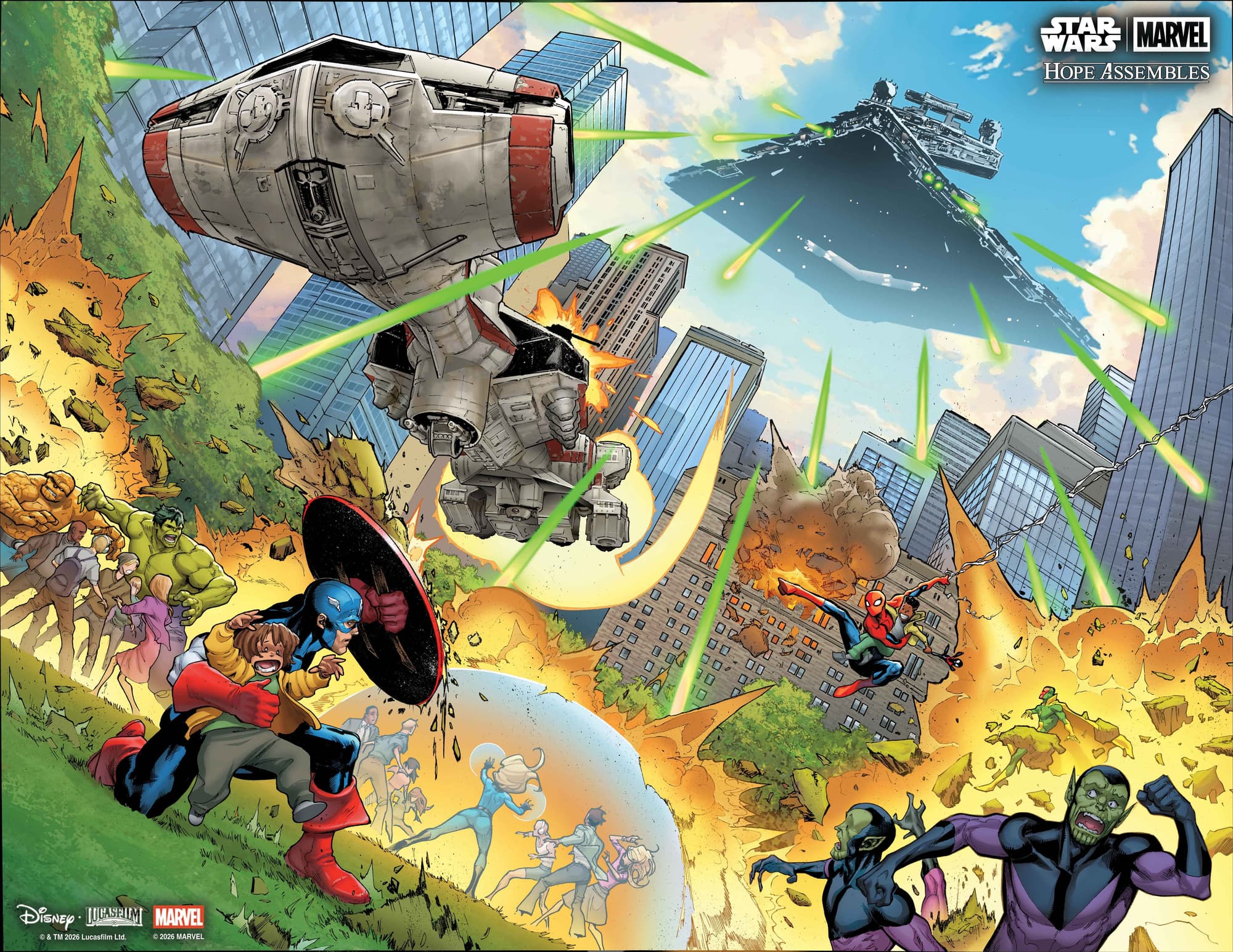 Captain America shields a child as an Imperial Star Destroyer attacks above a city and Spider-Man swings nearby