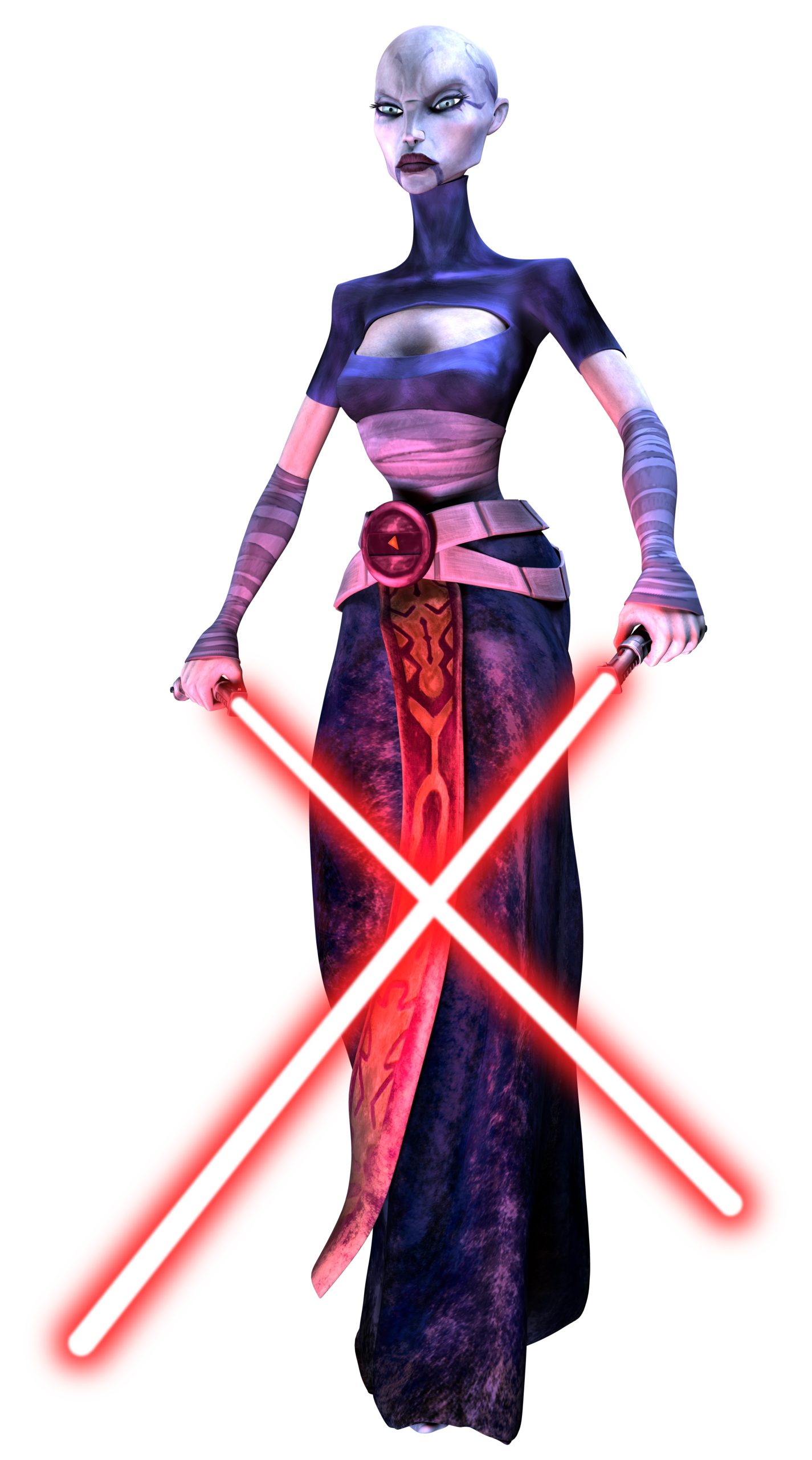 Asajj Ventress with her two curved-hilt red lightsabers