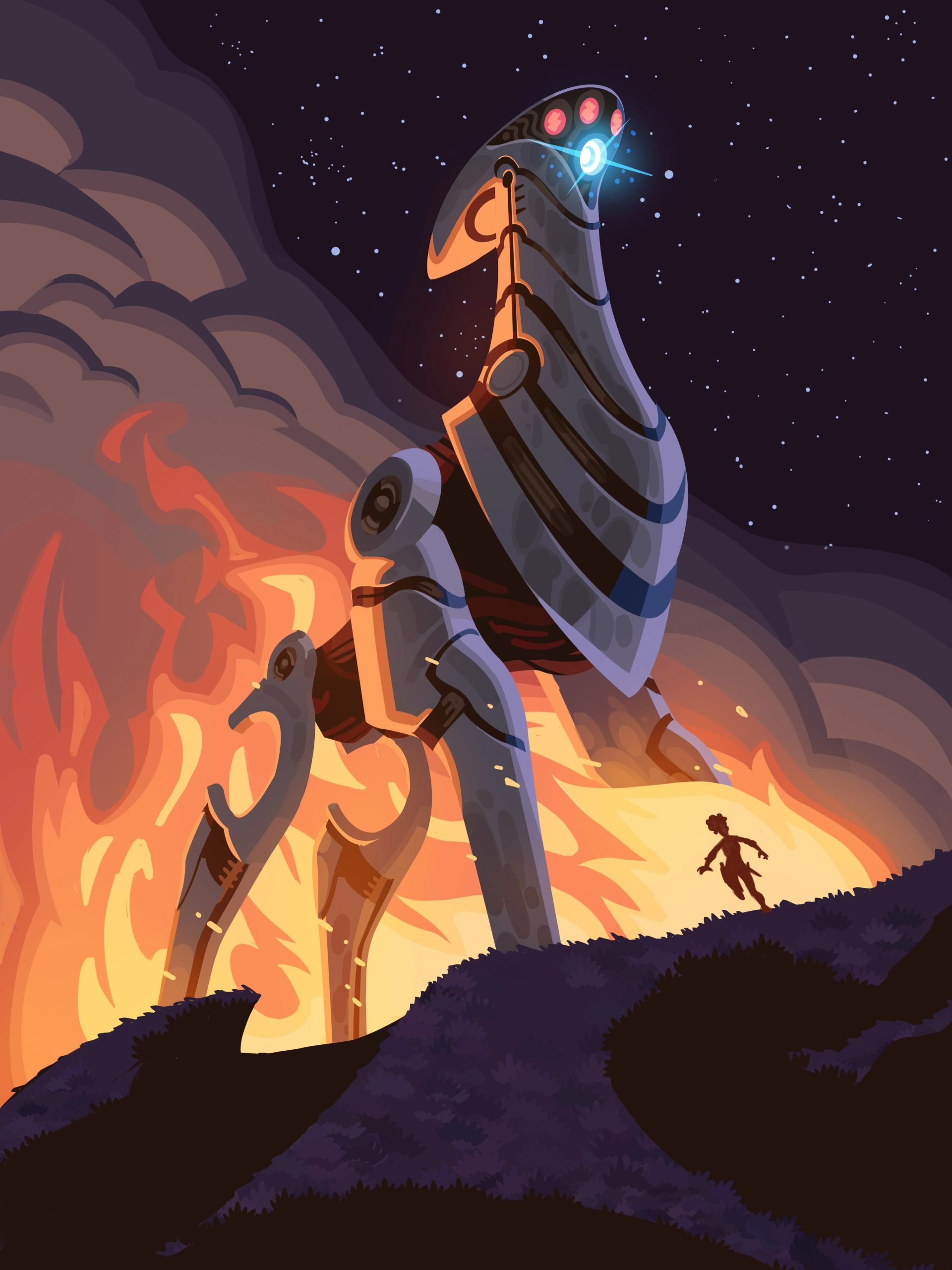 The ancient Skara Nal walker firing its head-mounted energy weapon in illustrated artwork
