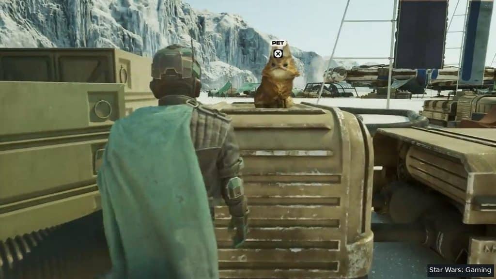 A Pet prompt appears above a Loth-cat sitting on cargo in the snowy paddock
