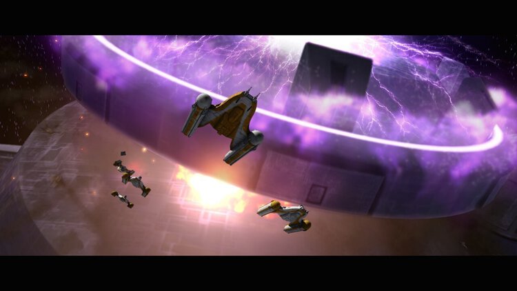 Y-wing bombers attacking the charging ion cannon on the Malevolence.