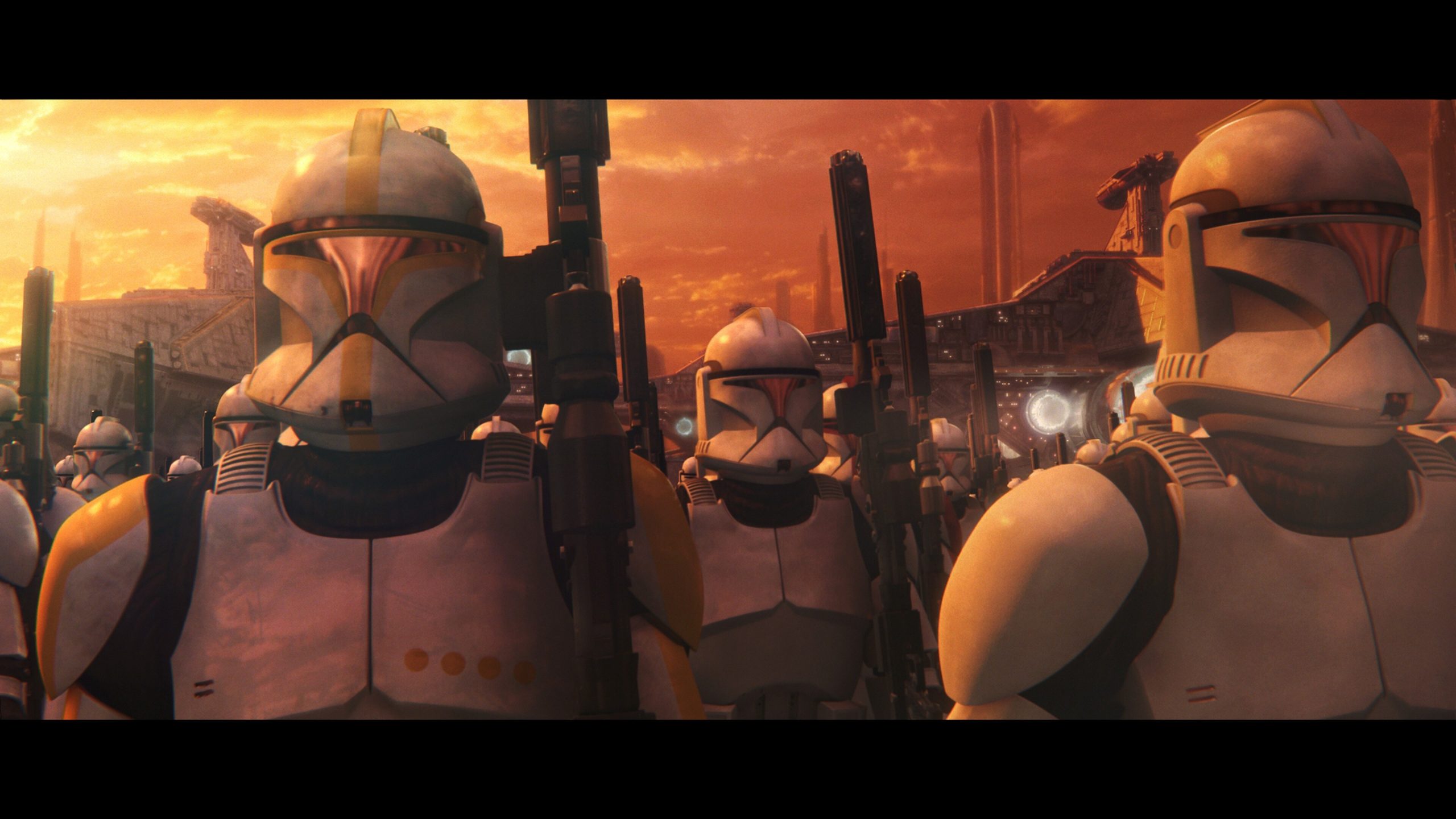 Republic clone troopers standing in military formation