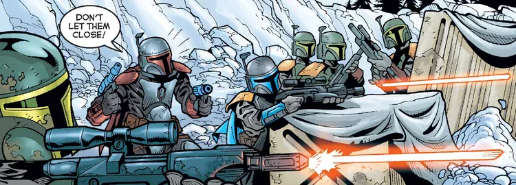Jango Fett and the True Mandalorians fighting on Galidraan