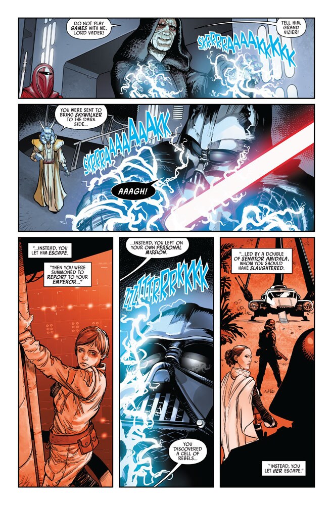 Palpatine attacks Darth Vader with Force lightning while Mas Amedda recounts his failures.