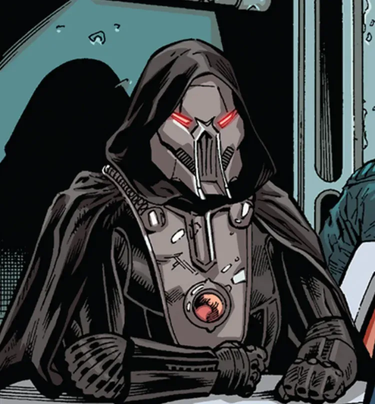 The hooded ninth assassin watching from inside the cantina