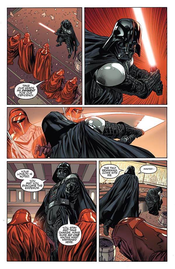 Darth Vader assigns duties to the surviving Royal Guards after the attack on Palpatine