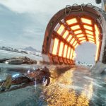Two racing repulsorcraft skim across an icy surface beside a glowing orange track structure.