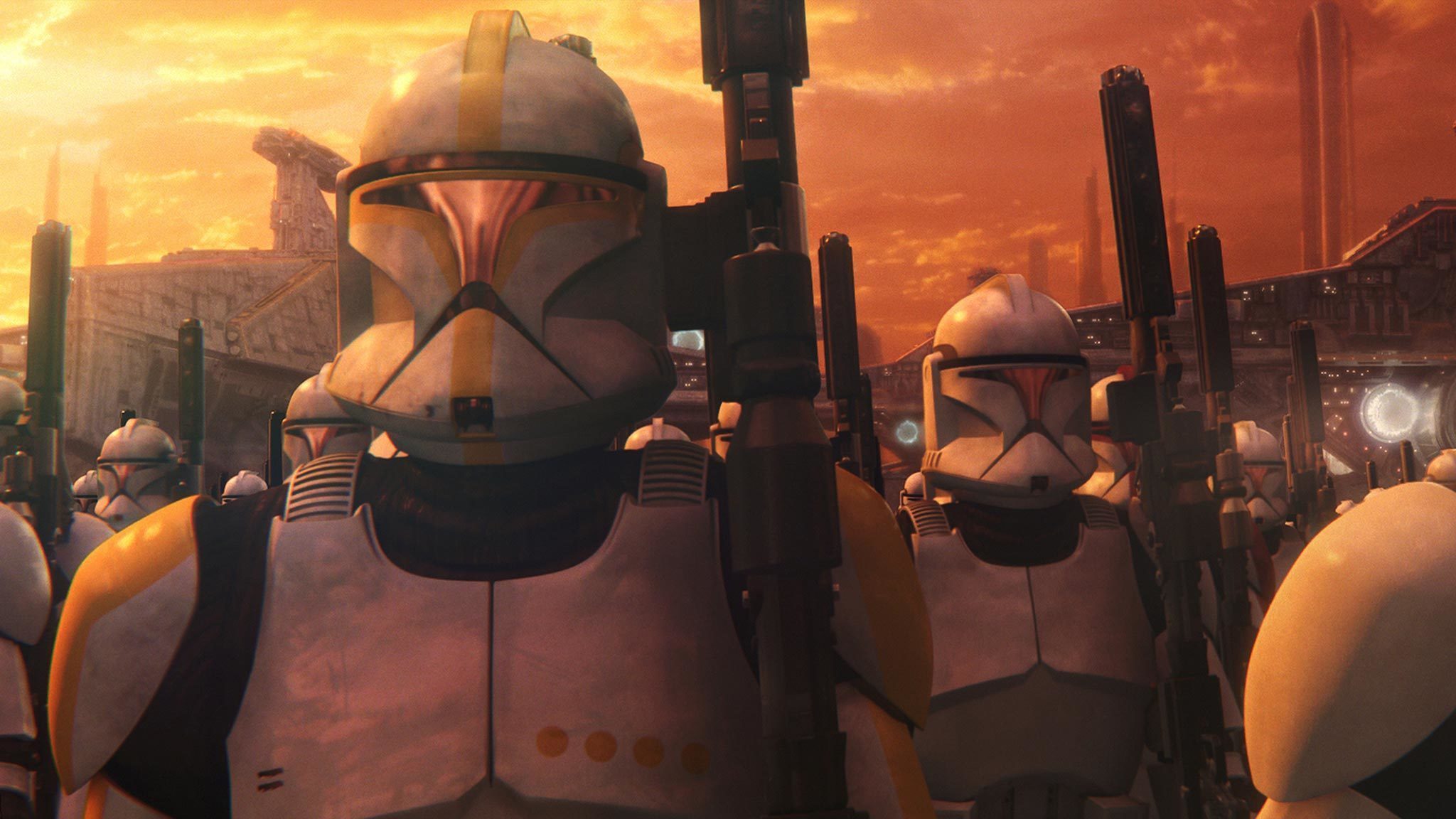 Republic clone troopers assembled on Coruscant