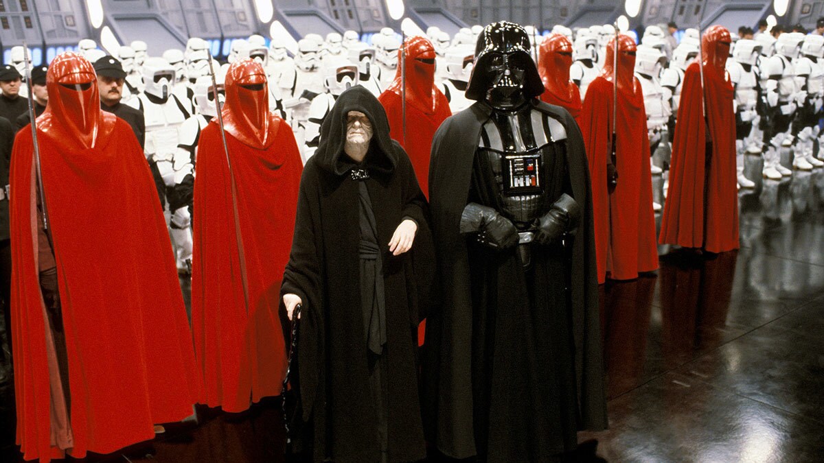 Emperor Palpatine and Darth Vader surrounded by Royal Guards and Imperial stormtroopers