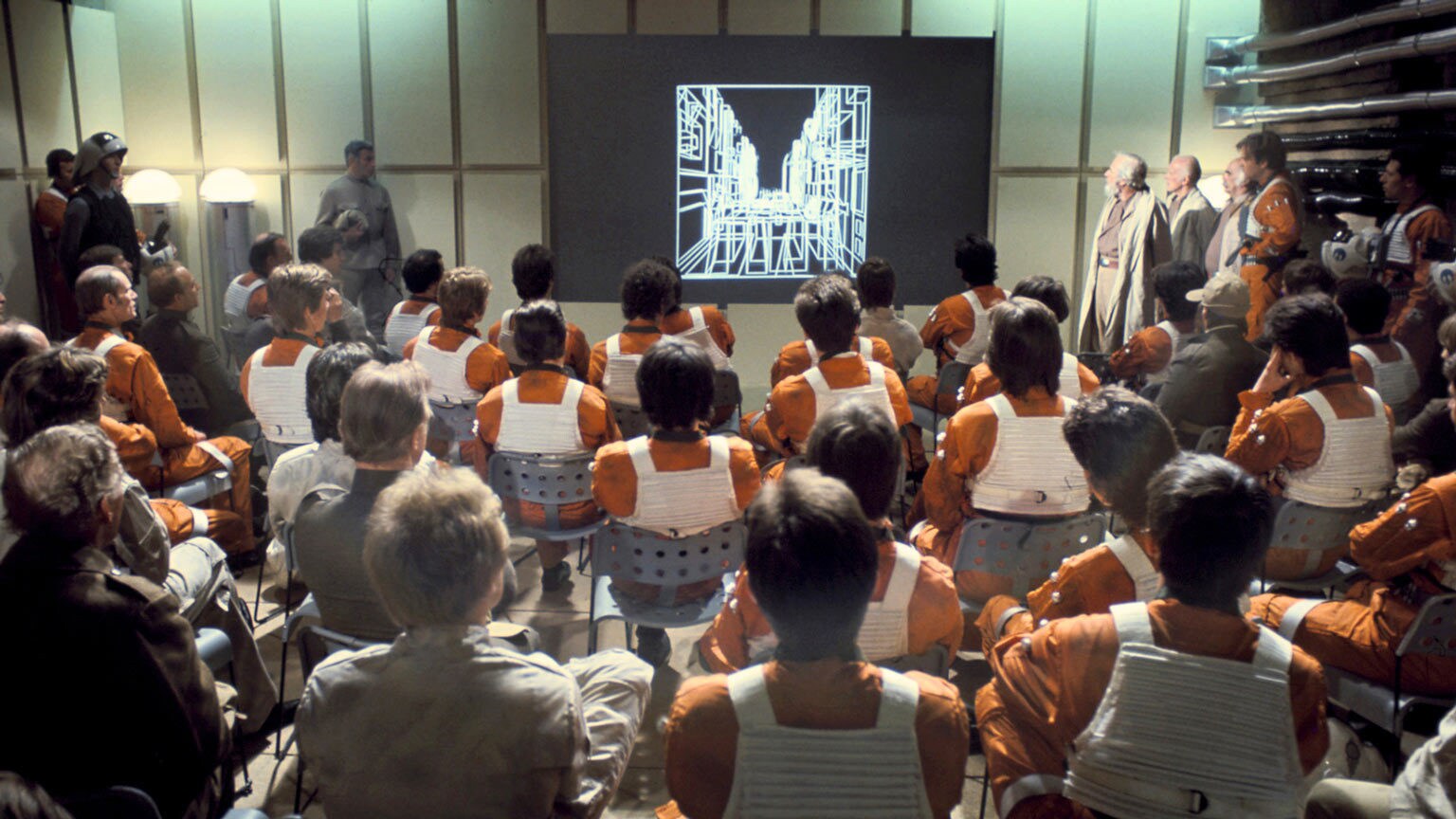 Rebel pilots gathered for the Death Star mission briefing on Yavin 4