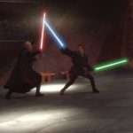 Anakin Skywalker duels Count Dooku with two lightsabers on Geonosis