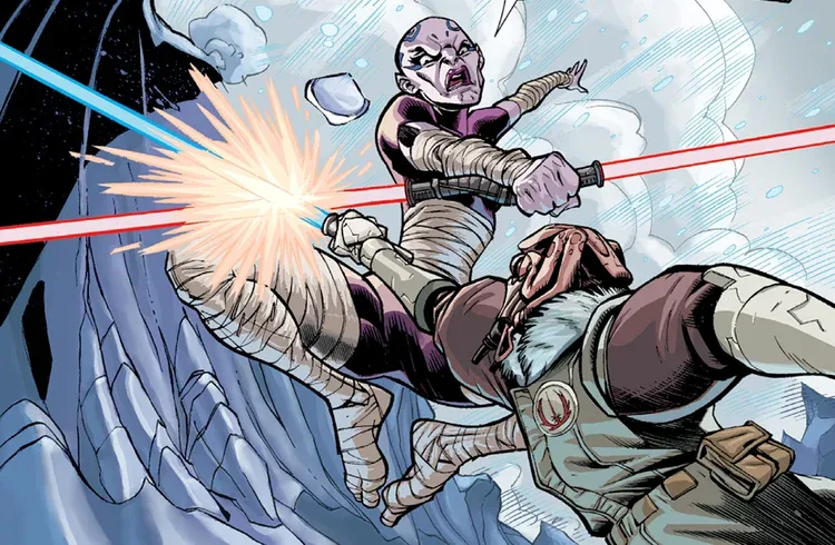 Plo Koon blocks Asajj Ventress's lightsabers on the snowy world of Khorm.