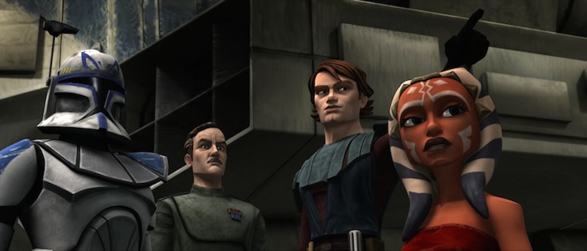 Captain Rex in blue-marked Phase I armor beside Yularen, Anakin and Ahsoka