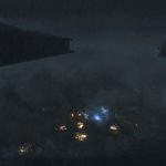 Imperial Star Destroyers above the burning ruins of Tipoca City.