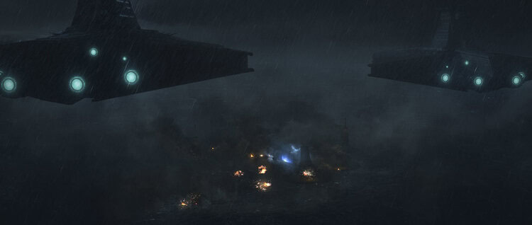 Imperial Star Destroyers above the burning ruins of Tipoca City.
