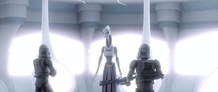 Lama Su stands between two armed Imperial troopers on Kamino.