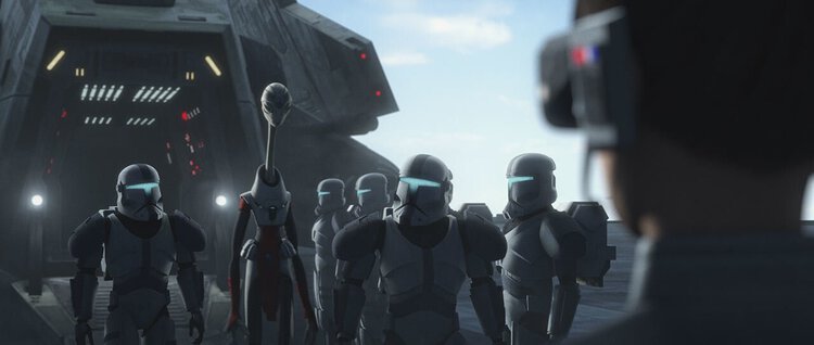 Nala Se arrives with clone commando escorts at the Imperial facility on Wayland.